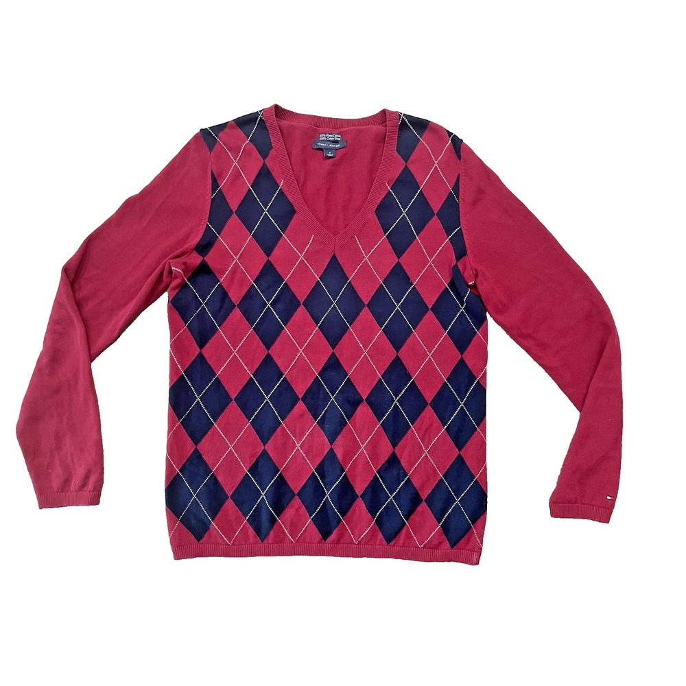 Vtg Women's Tommy Hilfiger Knitted Argyle Crewneck Cotton Sweater Sz M  90's Y2K